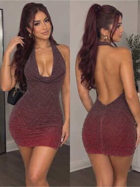 Oh Polly AMUR Ombre Sequin Cowl Neck Mini Dress - Red to Brown
